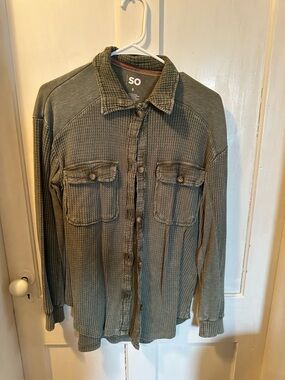 SO Olive Green Waffle-Knit Shirt Jacket